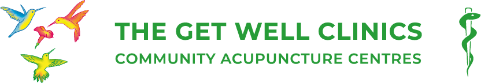 The Get Well Clinics Logo. Community Acupuncture Clinics. Logo in green with three humming birds hovering around a red flower.