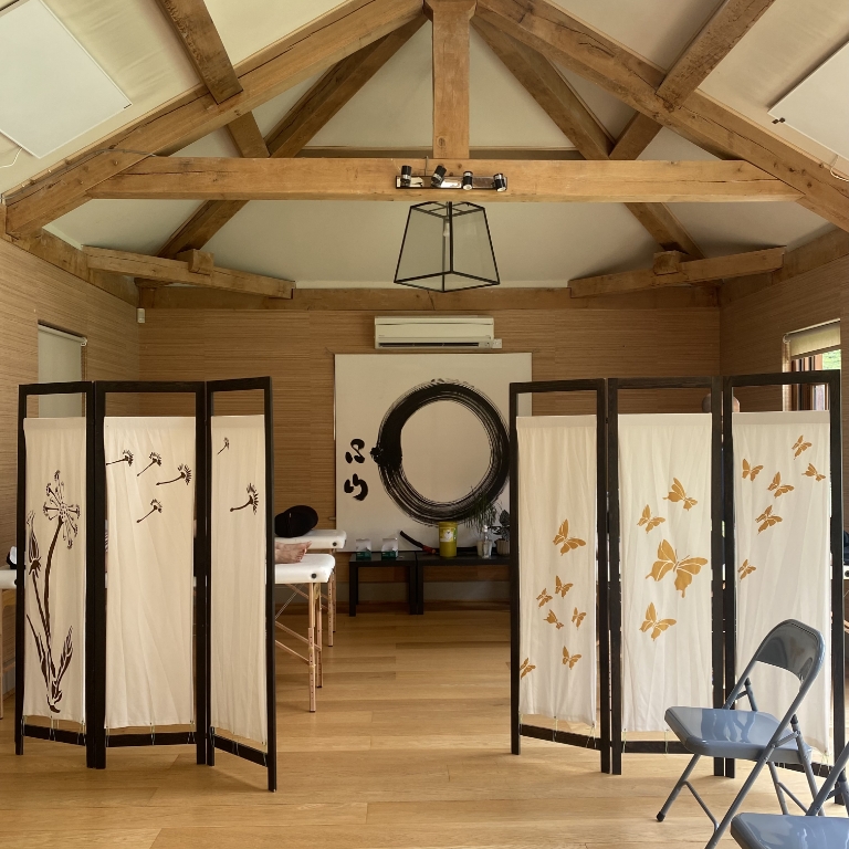 the clinic at zen yoga with two screens with detail on the left and right, chairs in the waiting room, and beyond the sscreens the end of two beds can be seen with people's feet.