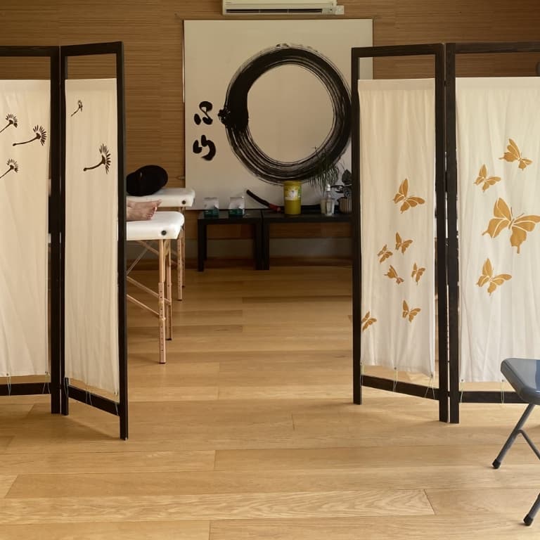the clinic at zen yoga with two screens with detail on the left and right, chairs in the waiting room, and beyond the sscreens the end of two beds can be seen with people's feet.